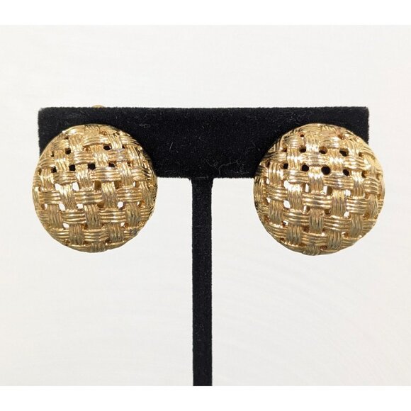 Estate Jewelry - Vintage Basket Weave Dome Earrings Gold Tone Clip On Statement Classic